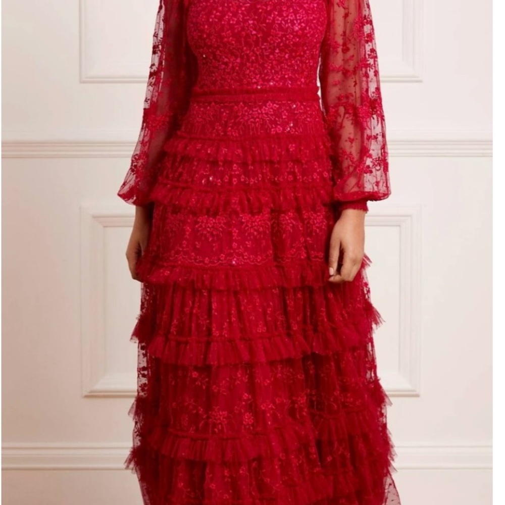 Needle and Thread Blossom Lace Ankle Gown Elegant Red Lace Tiered Dress - Picture 3 of 4